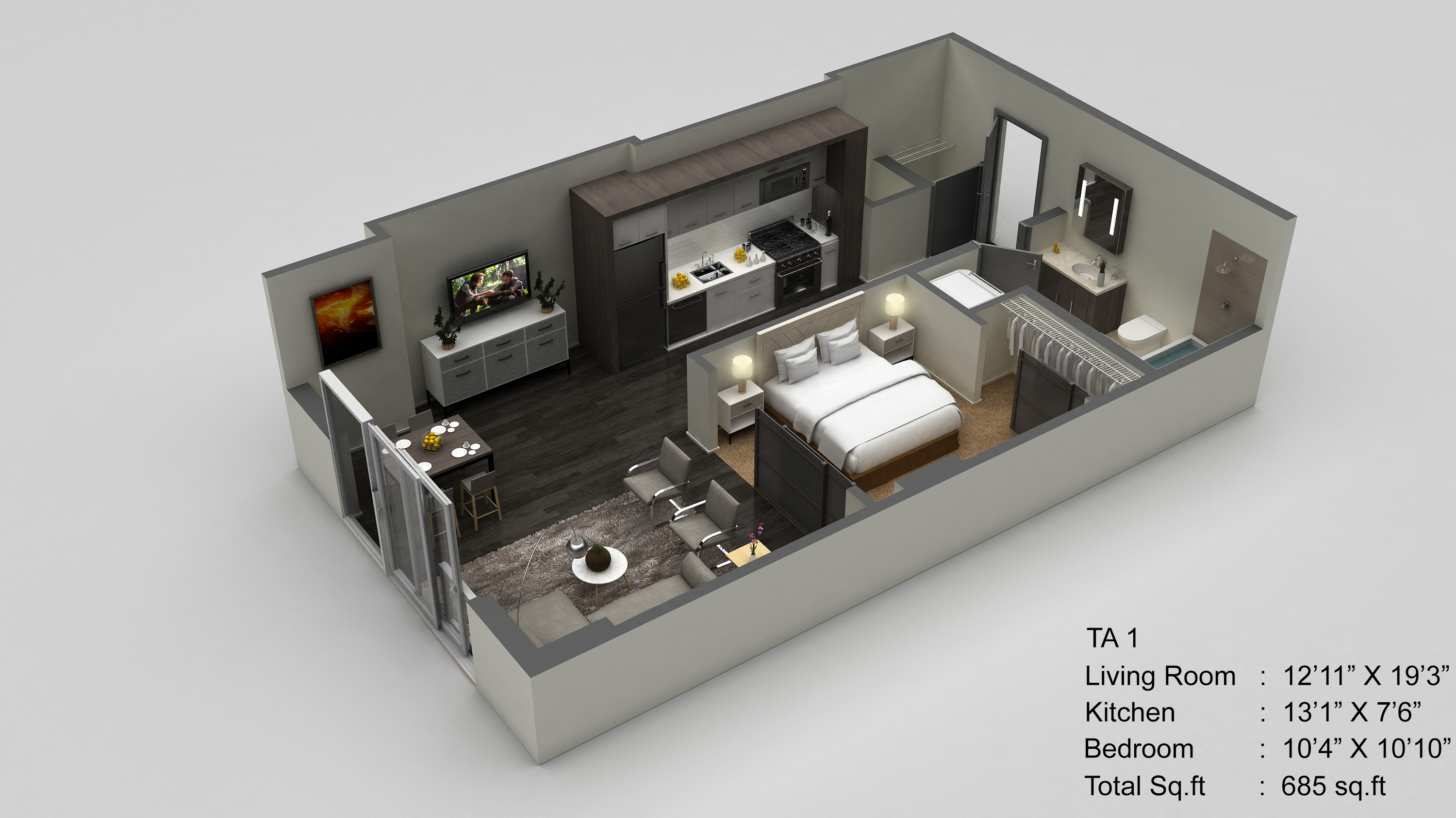 Floor plan for 1 bed, 1 bath, 685 sqft
